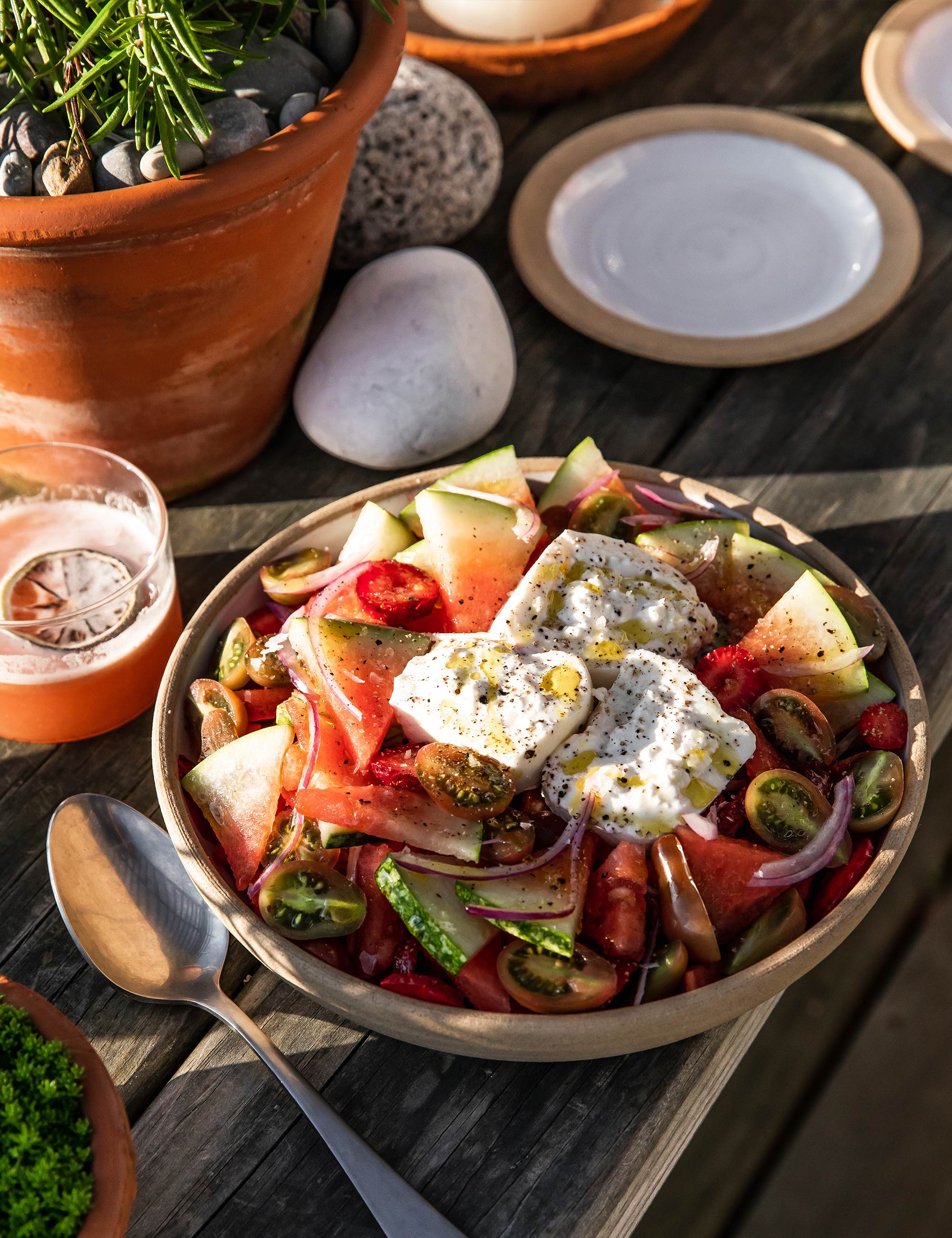 Farmhouse Pottery - Watermelon &amp; Strawberry Burrata Salad