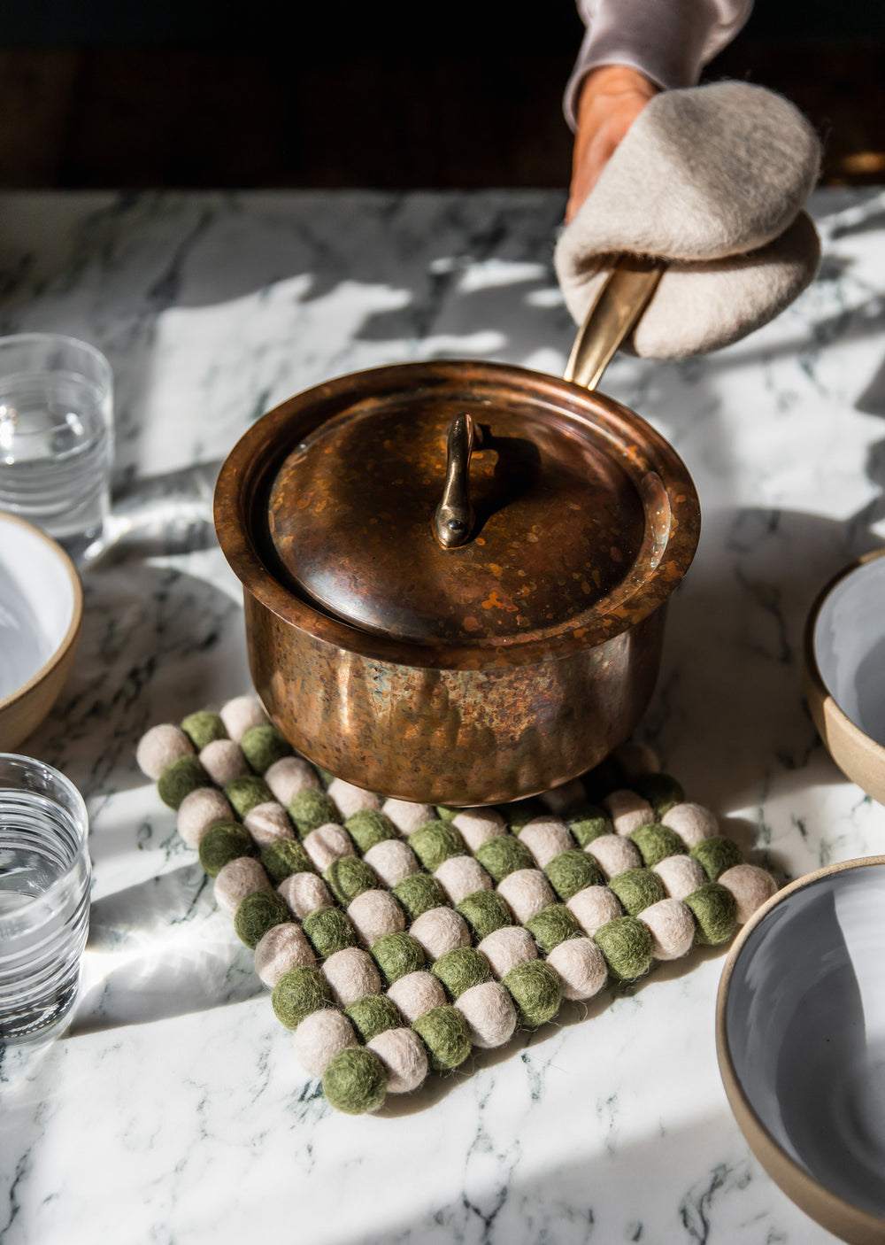 Artisan Felt Pom Pom Trivet - Natural & Moss