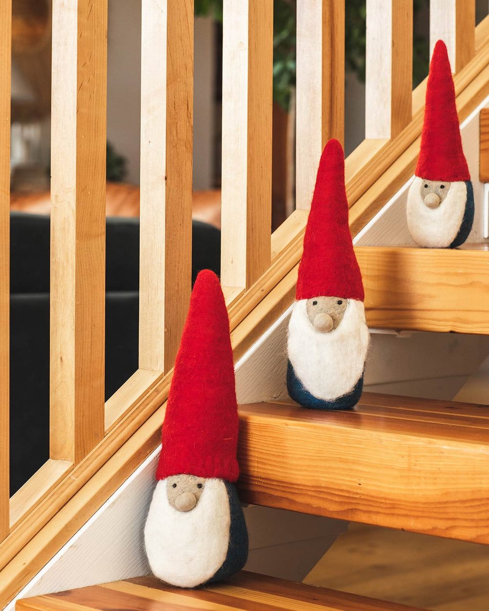 Holiday gnomes on stairs