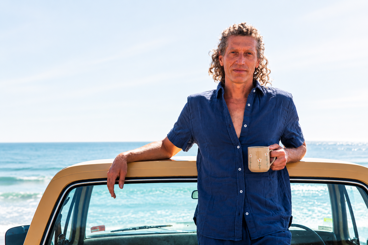 Man leaning on a car by the ocean holding a mug